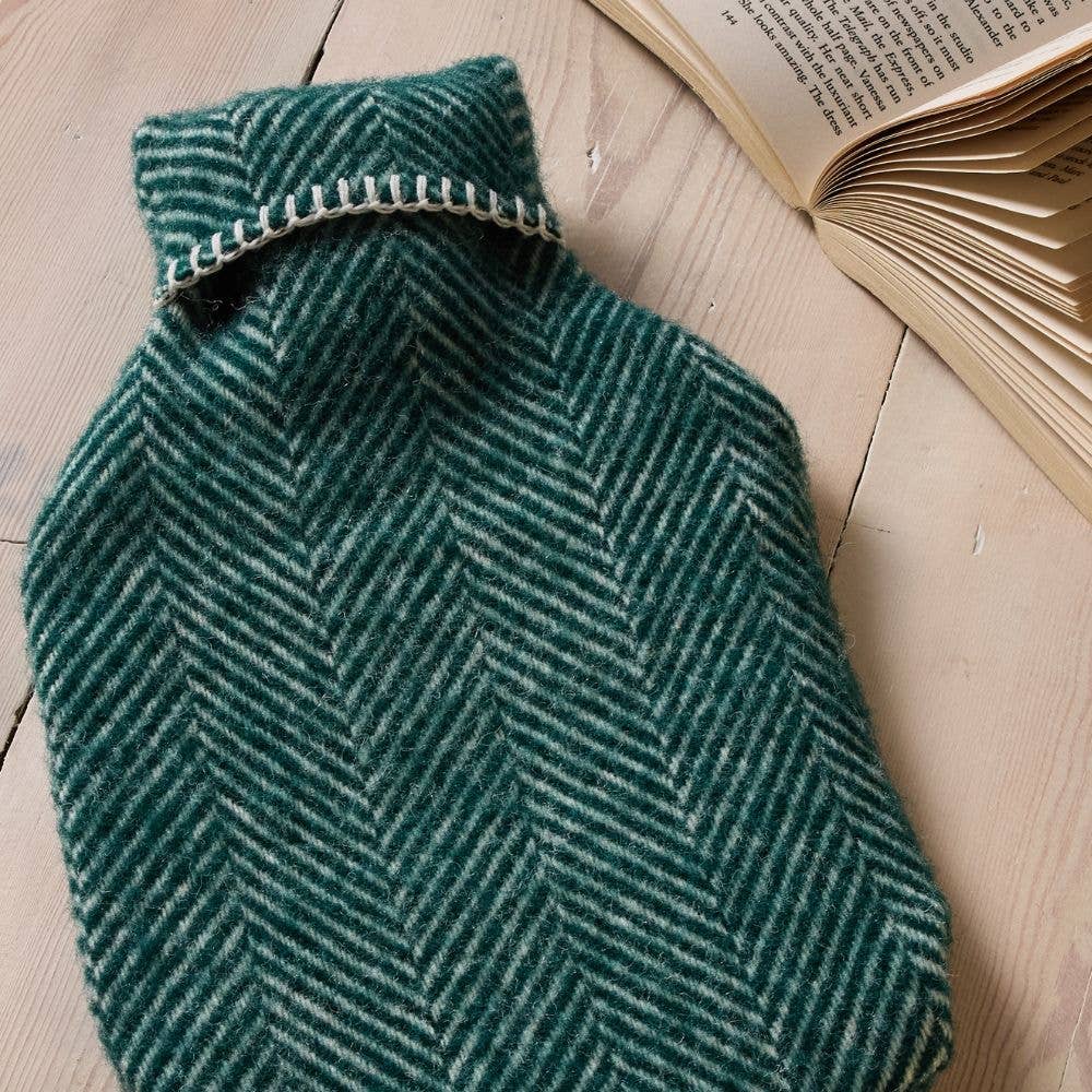 Fishbone Pure Wool Hot Water Bottle - Emerald Green