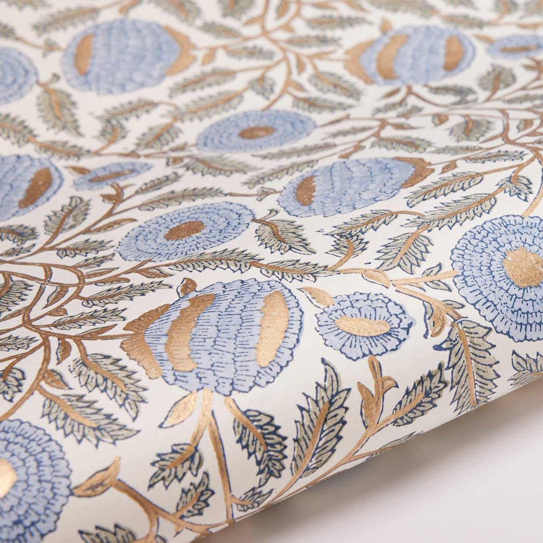 Block Printed Wrapping Paper - Marigold Glitz Blue