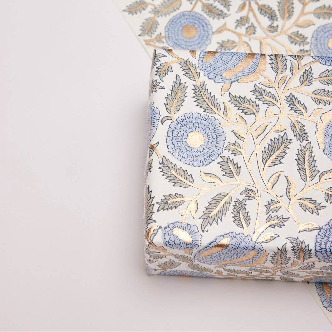 Block Printed Wrapping Paper - Marigold Glitz Blue