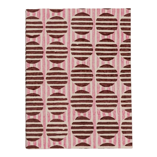 A5 Block Print Notebook - Striped Circles Pink & Burgundy