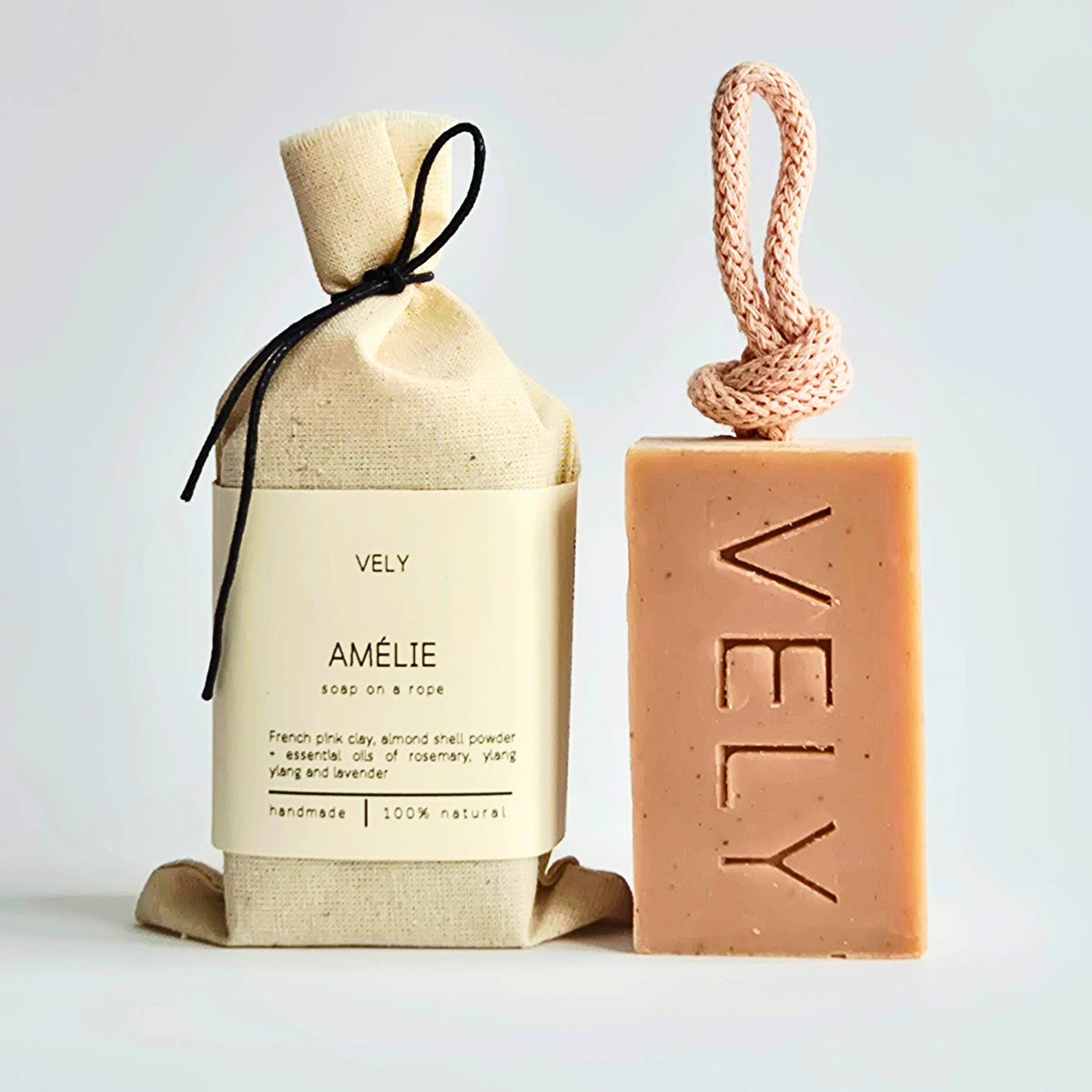 Handmade Soap On A Rope With Pink Clay  "Amélie"