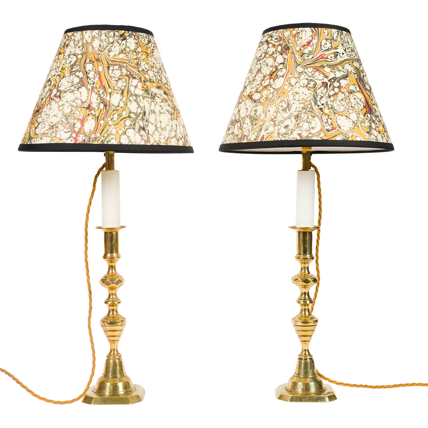 Pair Antique Tall Brass Candlestick Lamps