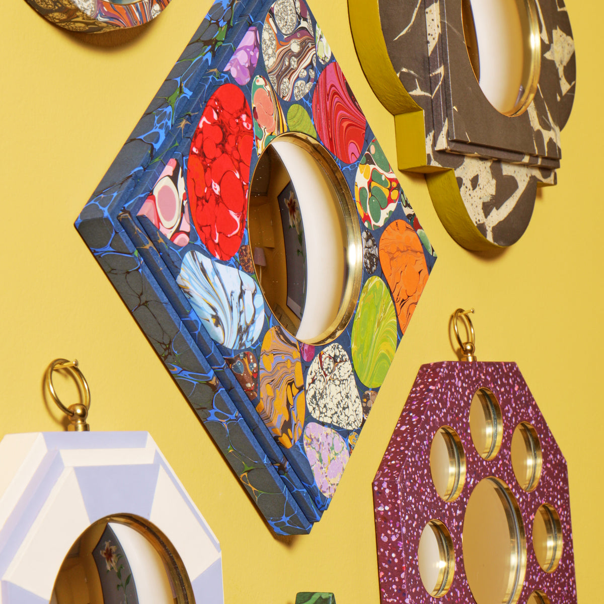 Diamond Mirror - Blue with Specimen Marbles